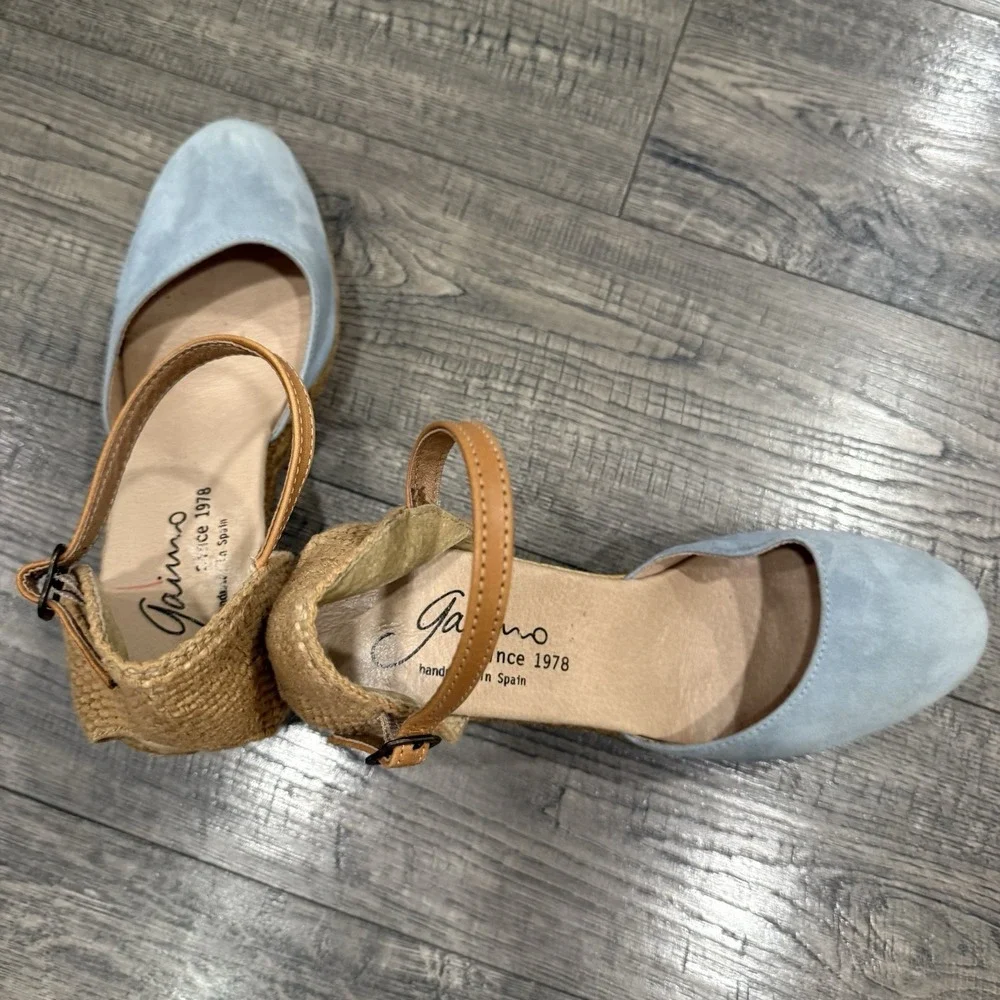 Gaimo Obi Espadrille Wedge Sandals Women's 9.5 Blue Suede Leather Handmade Spain